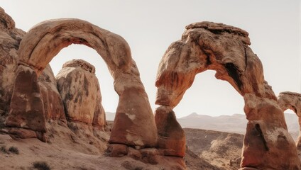 Two majestic sandstone arches frame a sunlit, arid landscape. Arches rise against the sky