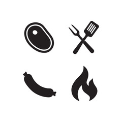 Stylized Grilling and Barbecue Icon Silhouettes Featuring Steak, Sausage, Flame, and Utensils Isolated Vector