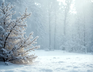 Magical snowy forest winter scene. Fresh powder, snow-covered branches, tranquil atmosphere. Cold weather, seasonal background.
