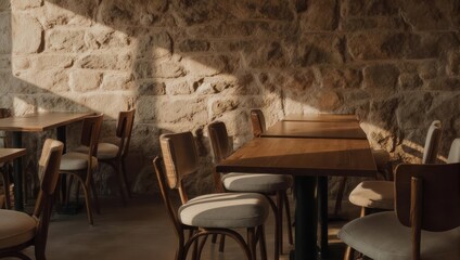 Interior cafe scene with wood tables, chairs, and a textured stone wall, bathed in sunlight