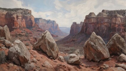 Painted depiction of a vast canyon landscape with red cliffs, boulders, and a cloudy sky