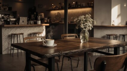 Warm cafe scene with coffee, flowers on a wooden table, and blurred background