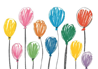 A whimsical, child-like drawing shows ten colorful, sketchy balloons in shades of pink, blue, yellow, and green, floating on long strings.