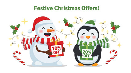 Festive Christmas Offers: A cheerful snowman and a playful penguin, adorned with seasonal attire, display enticing discount offers amidst a festive backdrop of twinkling lights and ornaments.