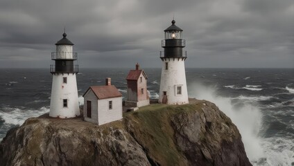 Two lighthouses with a small structure stand on a cliff as stormy waves crash nearby
