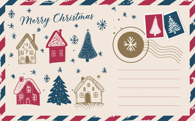 Christmas mail with houses and tree, postcard, hand drawn illustration.	
