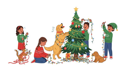 Decorating the Tree: A heartwarming illustration of a family joyfully decorating the Christmas tree, including a cat and a dog joining in the festive tradition.