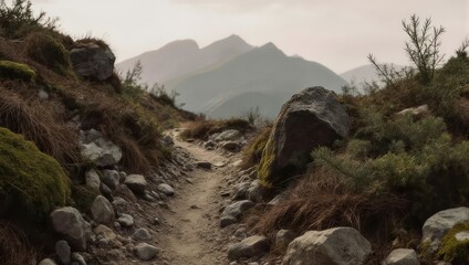 A rocky hiking path winds through a landscape, leading to misty mountains