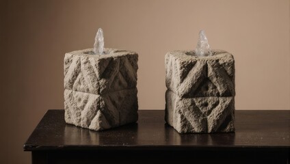 Two square, textured stone fountains with water spouts on a dark surface, neutral background