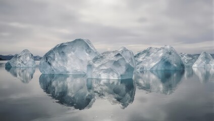 Icy blue icebergs float on tranquil water under a cloudy sky, reflecting their forms