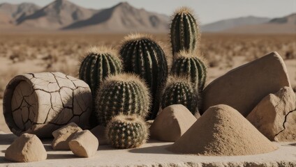 Desert landscape featuring various cacti, rocks, sand, and a cracked earth element
