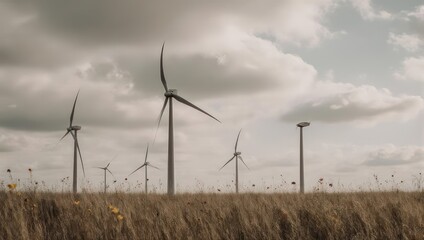 A field of wind turbines under a cloudy sky, blades turning in the wind with wildflowers
