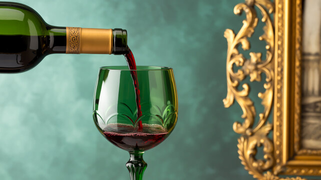 A close-up photograph of red wine being poured from a green glass bottle with an ornate gold-colored neck wrap into an elegant emerald green crystal wine glass