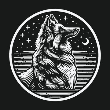 Black and white graphic wolf emblem with moon and stars.