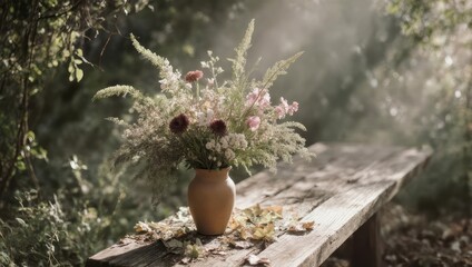 A bouquet of wildflowers sits on a weathered wooden bench in a sun-dappled, forest setting