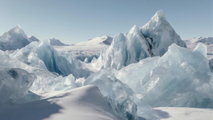 Panoramic view of icy landscape with sharp, crystalline formations against a clear, blue sky