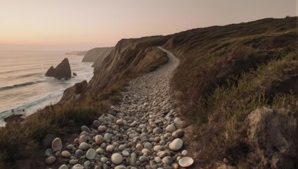 A coastal path winds along a cliff edge, overlooking the ocean at dusk