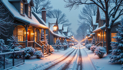 Winter village street covered in snow with glowing lanterns