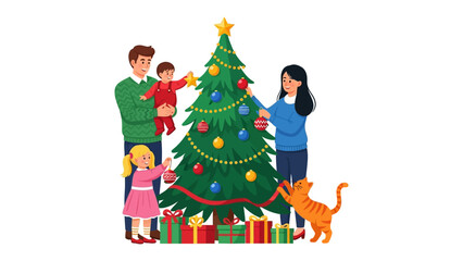 Holiday Moments: A family decorates their Christmas tree with ornaments, capturing the spirit of the festive season. The scene is filled with warmth and holiday cheer, ready for celebration.