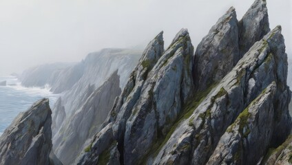 Rugged, jagged cliffs meet misty ocean on a dramatic coastline, evoking wild, natural beauty