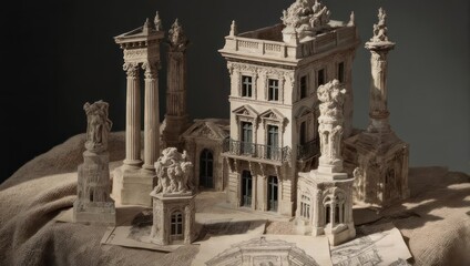 Miniature architectural models with intricate details, placed on a wrinkled textile