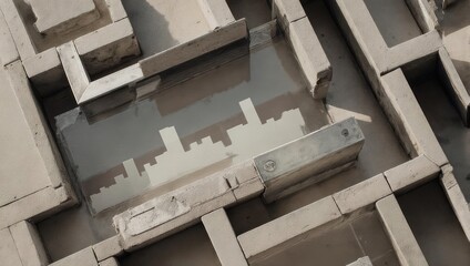 Bird's-eye view of a stone structure with water reflecting a cityscape