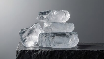 Close-up of ice chunks stacked atop a dark rock surface against a gradient grey backdrop
