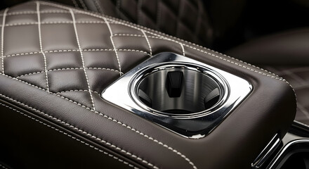 Luxury car interior detail showcasing premium leather stitching and chrome cup holder offering comfort and style for automotive design enthusiasts