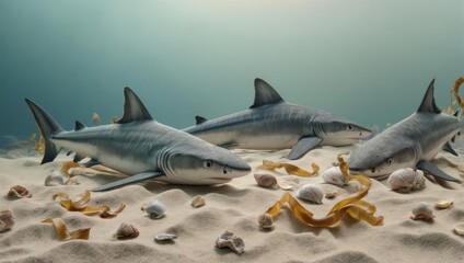 Three sharks swim on a sandy seabed with shells and seaweed under turquoise water