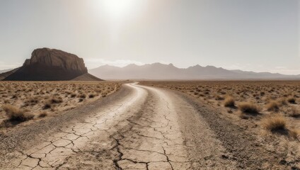 Arid landscape with a winding dirt road leading towards distant mountains under a bright sun