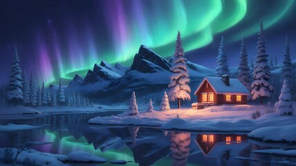 A picturesque winter landscape featuring a cozy cabin illuminated by warm light, nestled amidst snowcovered trees, with the aurora borealis dancing above