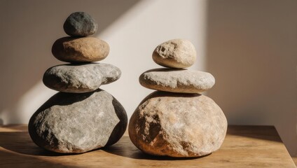 Two balanced stacks of rounded stones on a wooden surface, bathed in warm, natural light