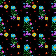​Vibrant Folk Art Floral Seamless Pattern with Butterflies and Flowers on Black Background. Bright Botanical Textile Print, Wallpaper, Packagingเ