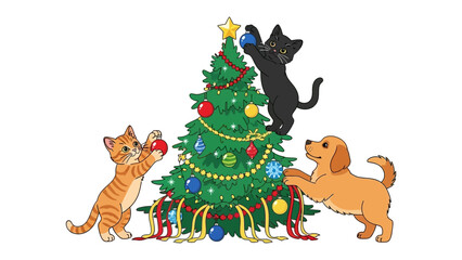 Festive Feline and Canine Decor: A heartwarming scene unfolds as a playful cat and a curious dog join together to adorn a beautifully decorated holiday tree. Filled with joy.