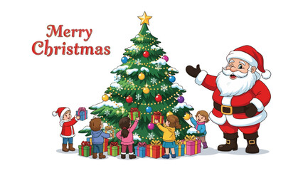 Joyful Christmas with Santa and Children: Santa Claus with children, immersed in the spirit of festive season, gathering around a beautifully adorned Christmas tree.