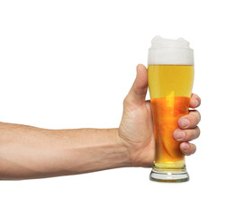 Cheers: A hand confidently holds a glass of golden, effervescent ale, with a foamy head, a symbol of relaxation, conviviality, and the simple pleasures.