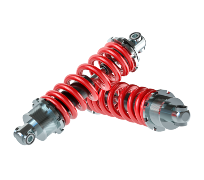 Dynamic Suspension: Two vibrant red shock absorbers rest at an angle, embodying the essence of motion, balance, and the intricate world of engineering.