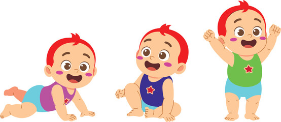 Cute cartoon baby stages illustration, crawling sitting standing, adorable child development concept, cheerful toddler learning to walk, playful infant character design
