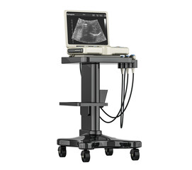Medical Ultrasound Machine in Modern Hospital: An ultrasound machine, the key to advanced diagnostics, stands ready for patient care, equipped with a monitor displaying detailed images.