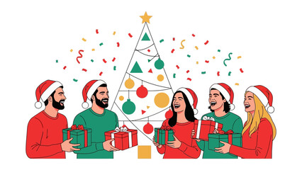 Joyous Holiday Gathering: A vibrant scene captures a close-knit group of friends and family exchanging gifts under the twinkling lights of a festive Christmas tree.