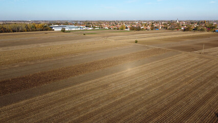 harvested agricultural fields in autumn in Vojvodina province-drone view
