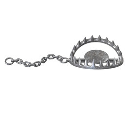 Iron Claw Trap: A menacing iron claw trap, meticulously crafted, lies in stark detail against a clean backdrop, designed for capturing animals.