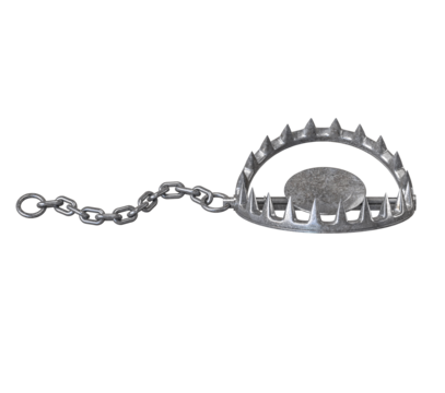 Iron Claw Trap: A menacing iron claw trap, meticulously crafted, lies in stark detail against a clean backdrop, designed for capturing animals.