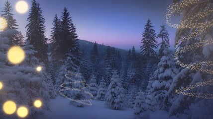 A magical winter forest at twilight, adorned with snowcovered fir trees and sparkling christmas lights, creating a festive and enchanting holiday atmosphere