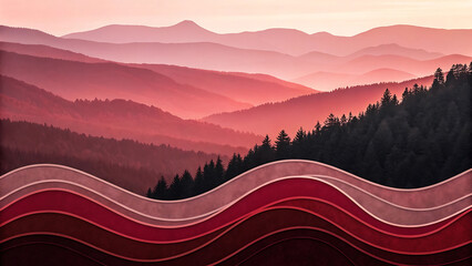 Mountain landscape with red wavy lines and coniferous forest