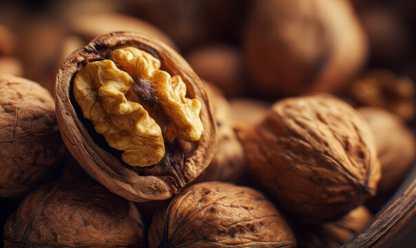 A close-up shot reveals a pile of walnuts, one cracked open to show the meat.