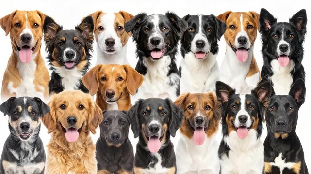 Group of diverse domestic dogs showing their tongues on a white backdrop, various breeds posing for a studio shot, pack