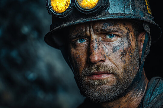 A coal miner with a helmet and headlamp stands in a dark tunnel, his face covered in dust. The image captures the strength and endurance of industrial labor in tough conditions.
