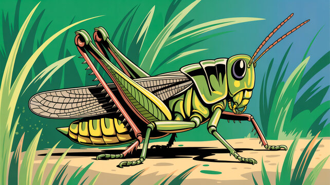 A detailed illustration of a grasshopper in a stylized nature scene. The grasshopper has a detailed green and yellow segmented body with intricate patterns and textures