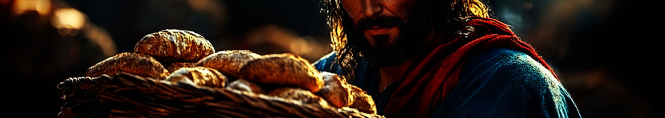 jesus christ holding a basket of bread in his hands, 